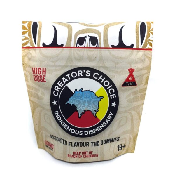 Assorted THC gummies 500mg in multiple colors and flavors displayed together