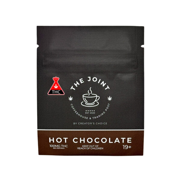 Steaming mug of rich hot chocolate infused with THC, a warm cannabis-infused drink edible