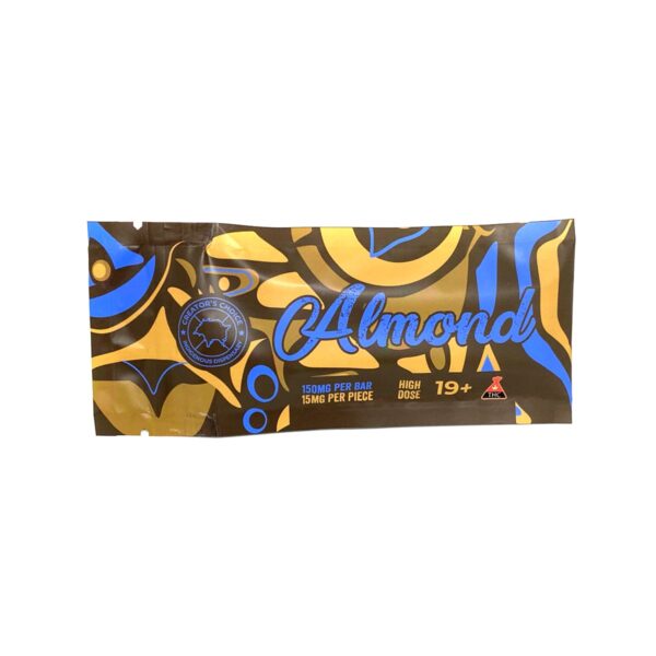 THC 500mg almond chocolate bar cannabis edible with visible almond pieces on rich dark chocolate surface