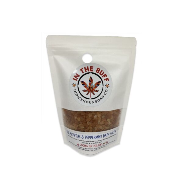 Eucalyptus and peppermint THC bath salts in a jar with green herbal accents and refreshing spa aesthetic