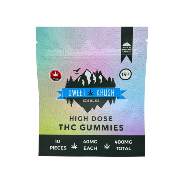 Sweet Krush 400mg THC gummy candies in colorful assorted flavors, cannabis-infused treats from premium brand