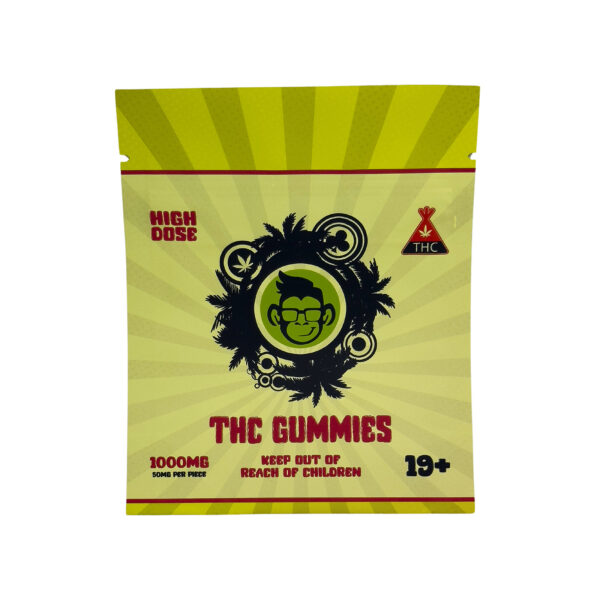 Green Monkey 1000mg assorted THC gummies in multiple colors and flavors in cannabis edible packaging