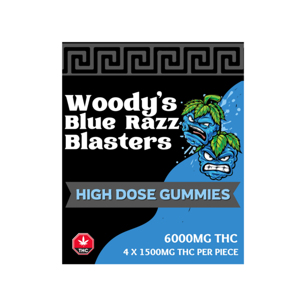 Woodys Cherry Blasters high dose THC gummies 6000mg bold fruity cannabis edibles in vibrant packaging