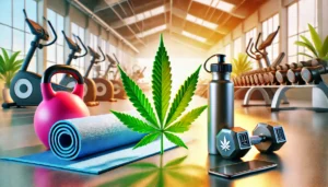 Person stretching before a workout with cannabis leaf graphic overlay symbolizing self-care and exercise wellness