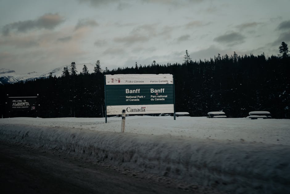 Snowy entrance to Banff National Park, Alberta, Canada.