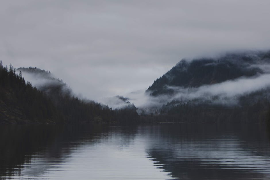 Serene foggy landscape of a mountain lake in Anmore, BC, Canada.