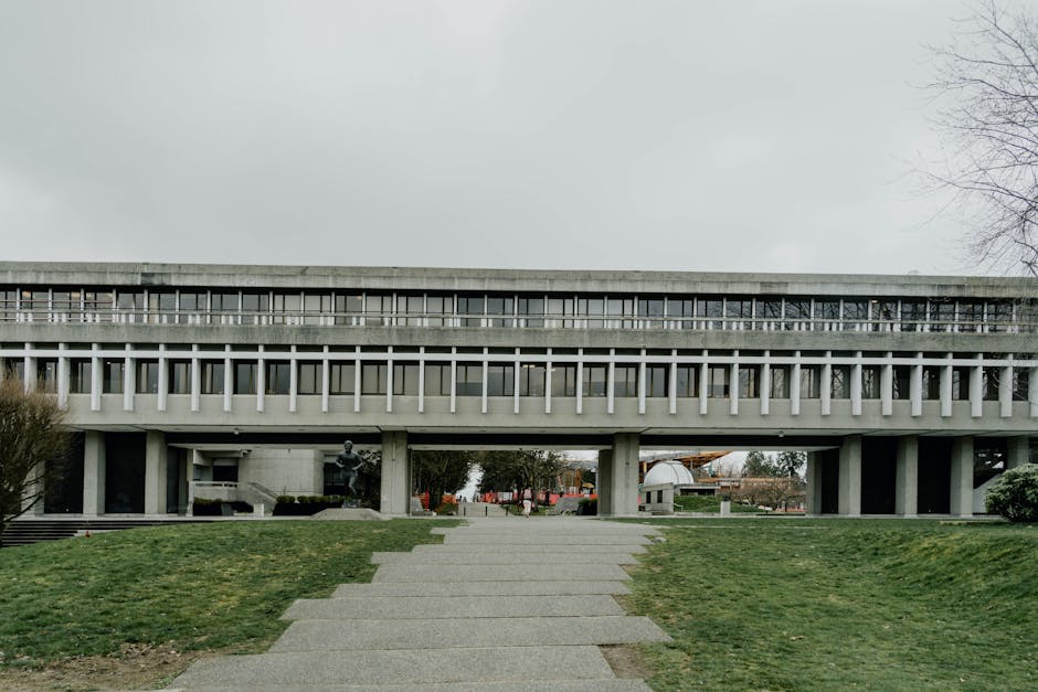 Front view of Simon Fraser University showcasing its iconic modernist architecture in Burnaby, BC.