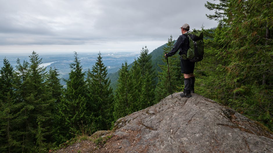 A lone hiker on a rocky ledge, viewing a lush forest and distant landscape in Coquitlam, BC.