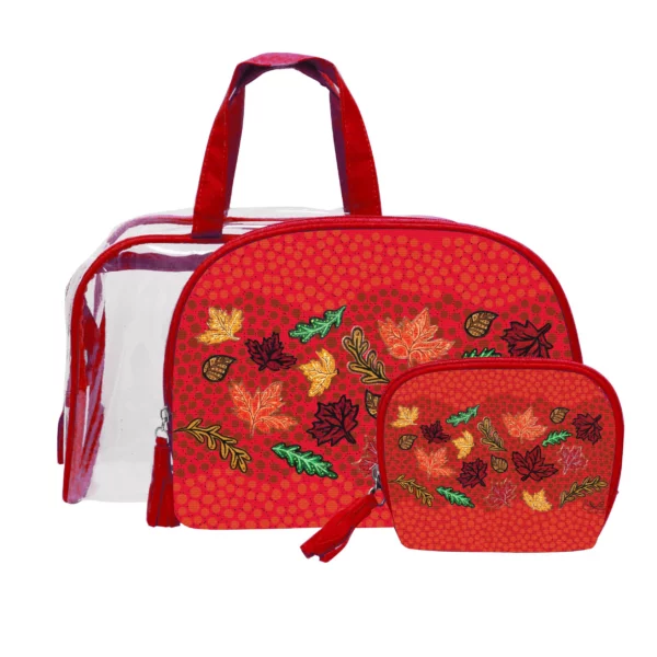 Three-piece cosmetic bag set featuring Fall Winds artwork by Leah Dorion in warm autumn tones
