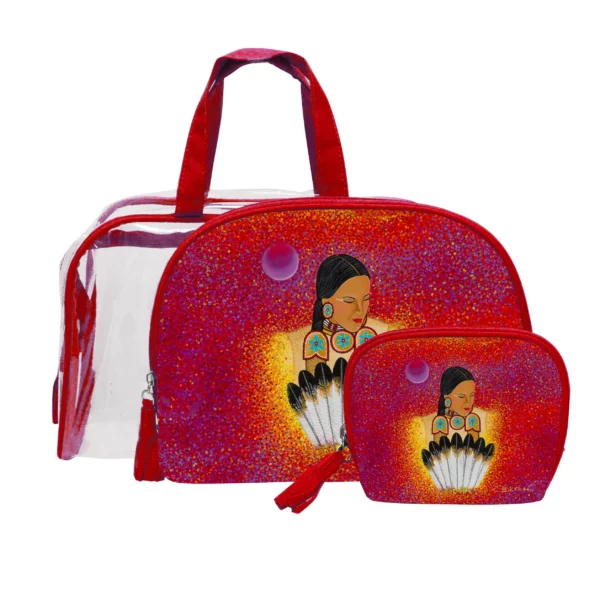 Three-piece Moon Whispers cosmetic bag set by Emily Kewageshig featuring celestial moon-inspired design