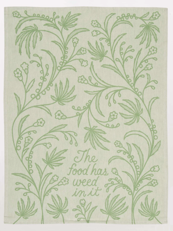 Funny cotton dish towel with food and weed themed print design