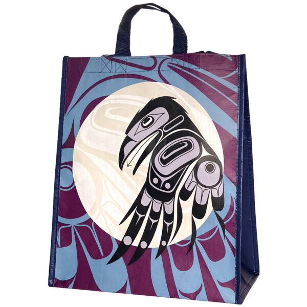 Large black eco bag featuring a raven and moon design made from recycled materials