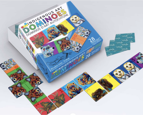 Dominoes game set featuring Indigenous artwork by Miqaela Jones with decorative cultural designs on each tile