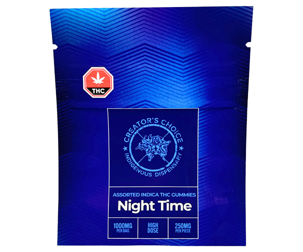 Home indica nighttime 1000mg cannabis product packaging with dark relaxing design for sleep support