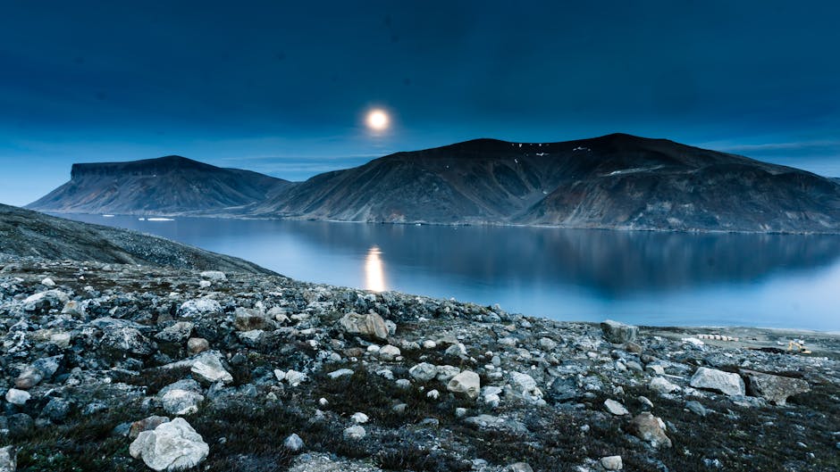Breathtaking moonlit view of Baffin Island's rugged landscape and tranquil waters.