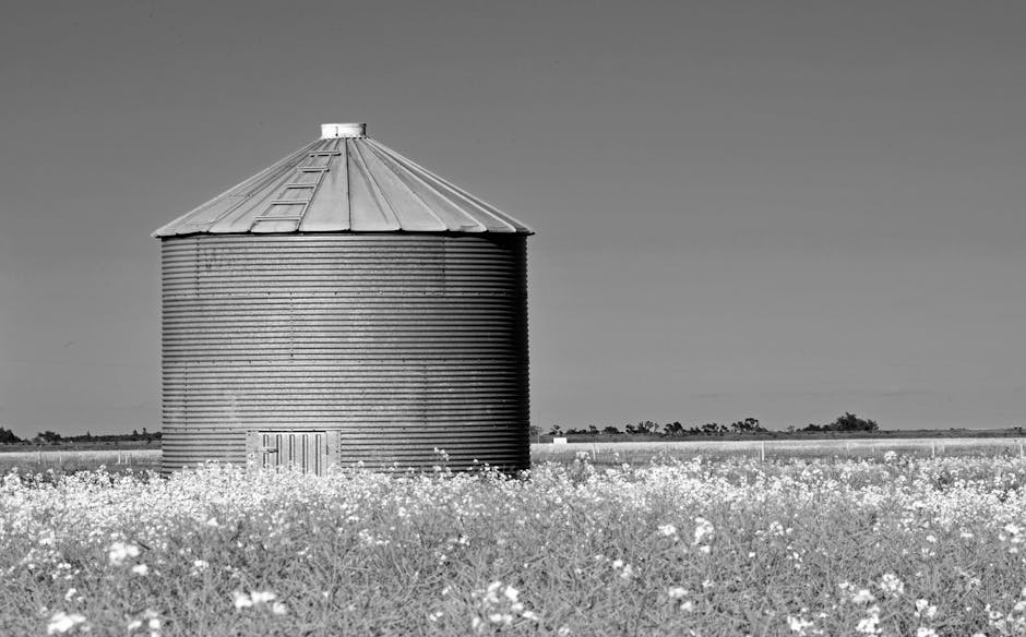 A monochrome view of a silo amidst blooming prairie flowers in rural Canada.