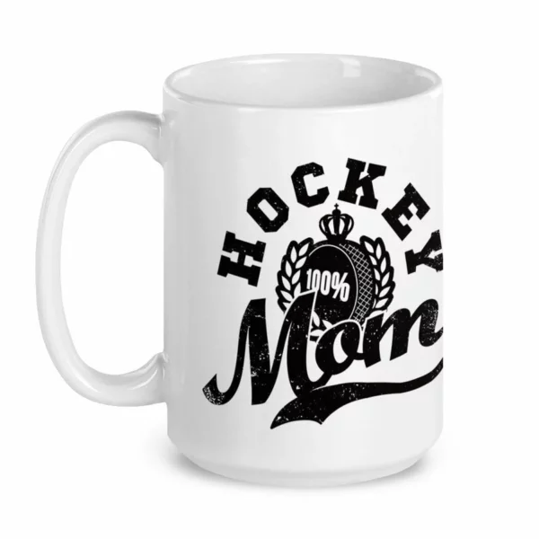 Back view of a white ceramic 15oz hockey mom mug showing design details
