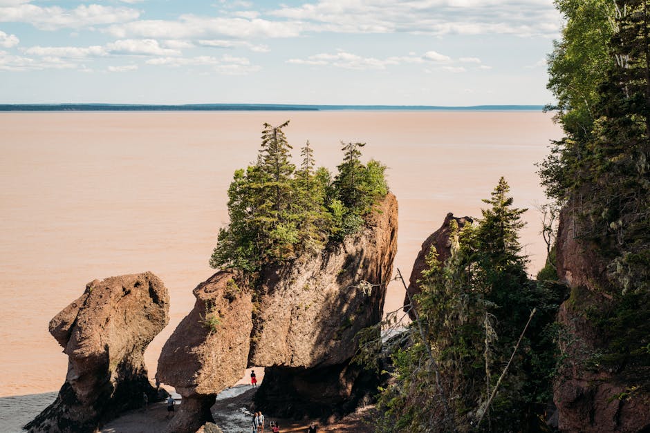 Stunning view of Hopewell Rocks at the Bay of Fundy, showcasing majestic rock formations and vibrant green trees under a