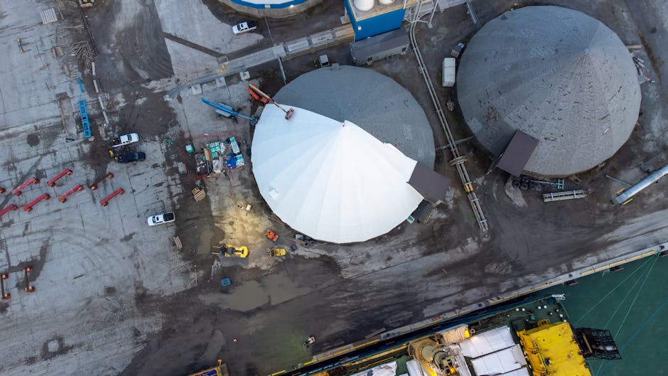 Aerial shot of industrial port facilities and structures in Oshawa, Canada.