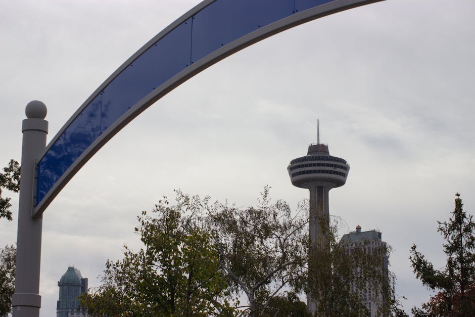 View of the Skylon Tower through an arch in Niagara Falls, Ontario, Canada.