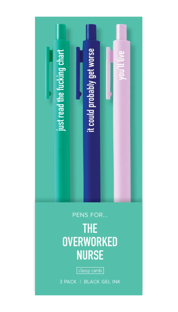 Funny nurse-themed gel ink pens with humorous medical sayings, perfect for healthcare professionals