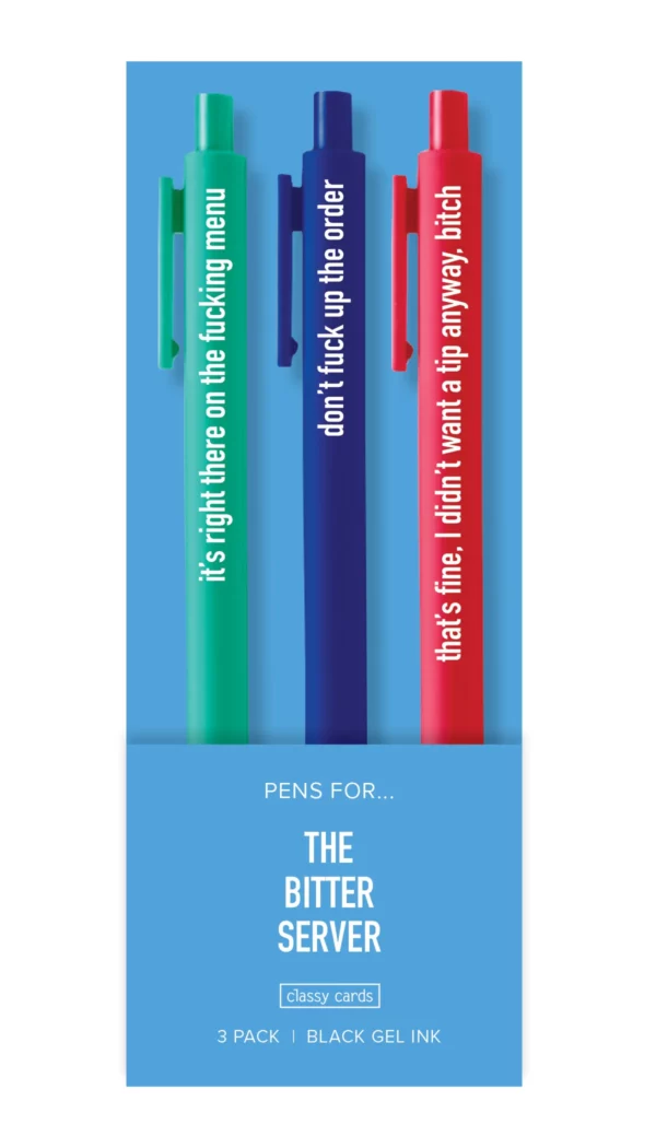 Funny gel ink pens with server or waiter theme, colorful writing instruments with humorous design