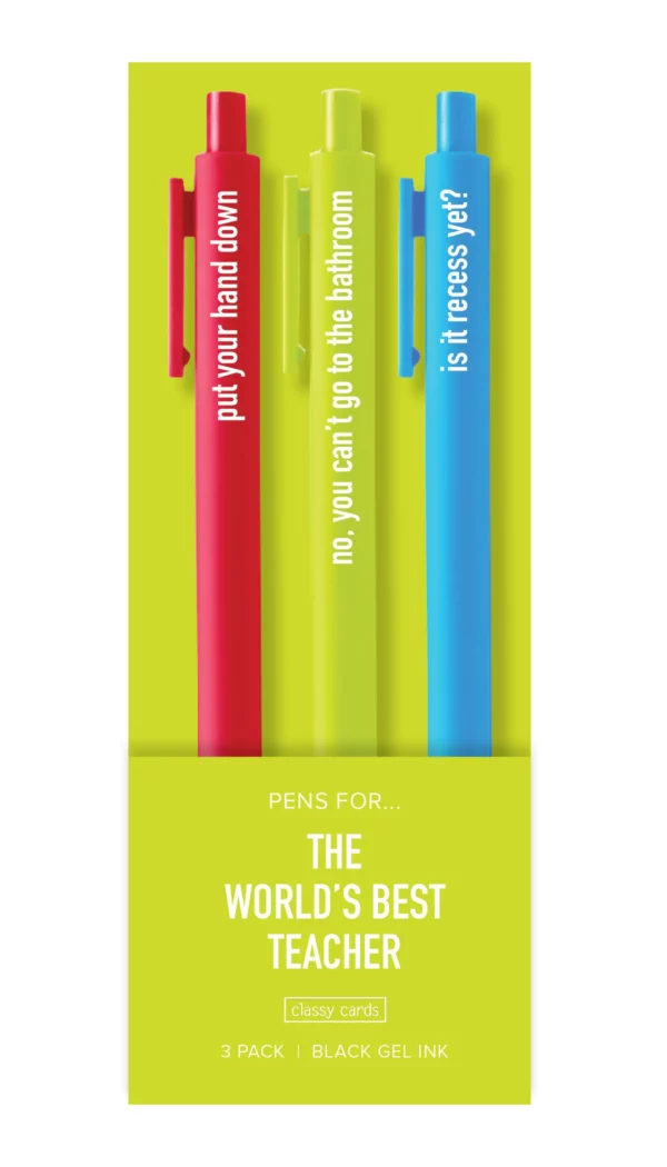 Funny teacher-themed gel ink pens displayed together, perfect for classroom use or educator gifts