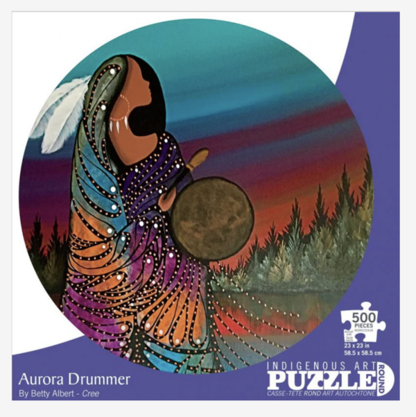 500-piece jigsaw puzzle featuring Aurora Drummer artwork by Betty Albert with vibrant Indigenous art imagery