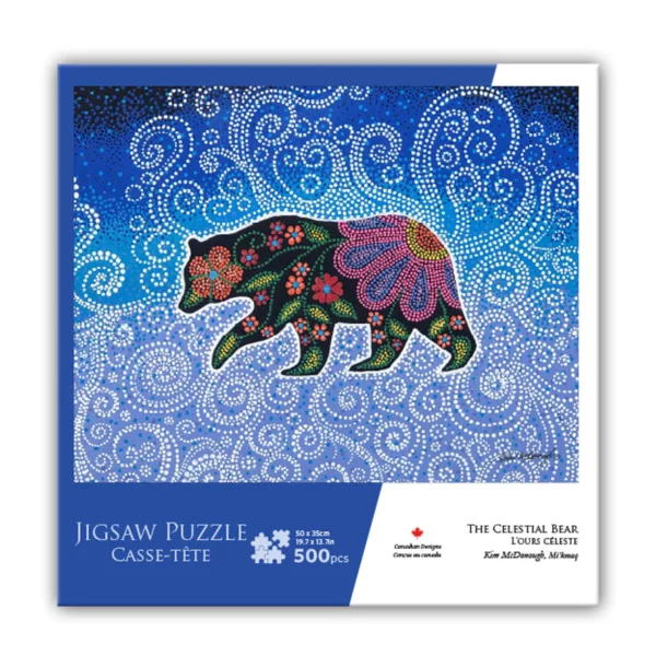 500-piece celestial bear jigsaw puzzle featuring whimsical bear artwork by artist Kim McDonough with stars and cosmic