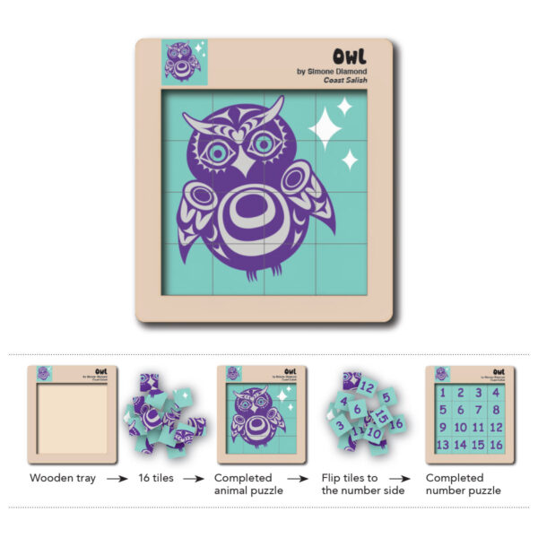 Wooden tile puzzle featuring an owl design by Simone Diamond