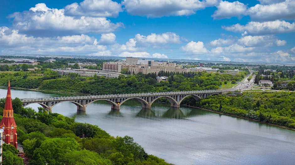 Aerial view of University Bridge in Saskatoon, surrounded by lush greenery.