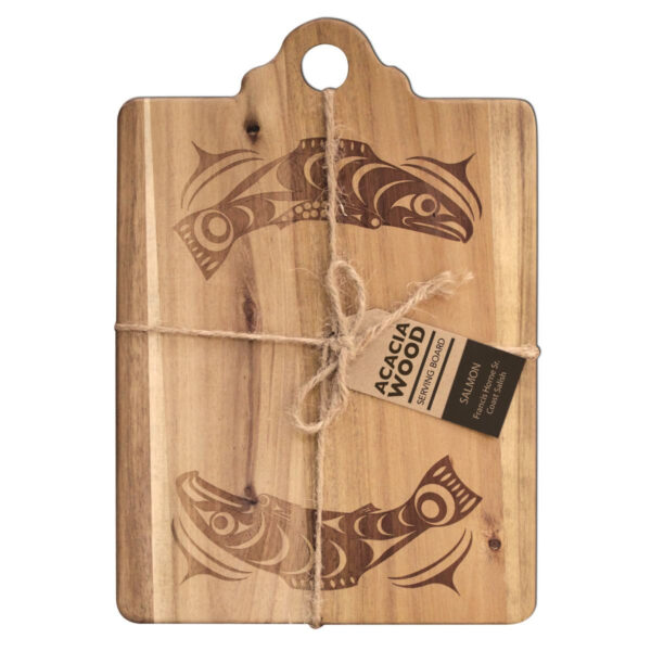 Acacia wood serving board featuring Indigenous art salmon design