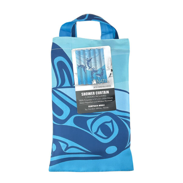 Shower curtain featuring a humpback whale design in Indigenous art style with bold lines and traditional patterns