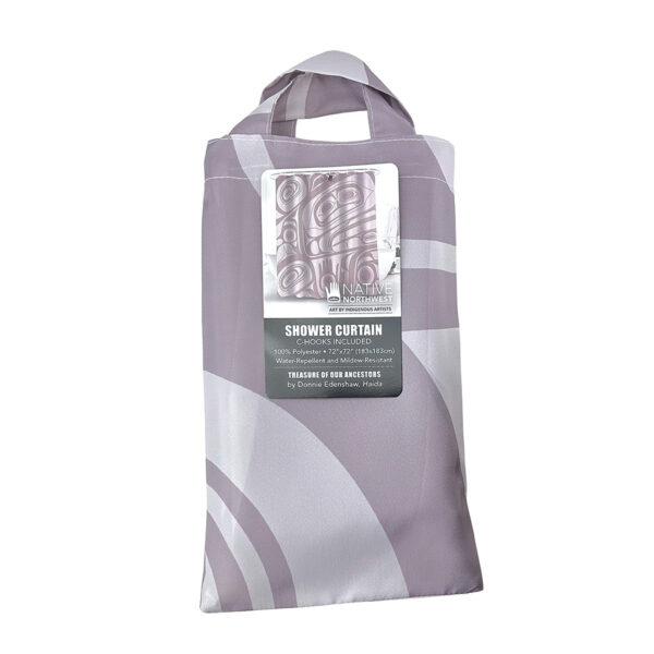 Shower curtain featuring Indigenous art design with ancestral treasure motifs in rich cultural patterns