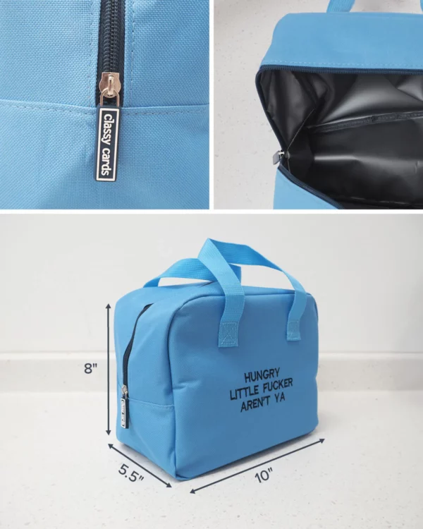 Insulated snack bag with funny Hungry Little Fucker text design perfect for carrying snacks on the go