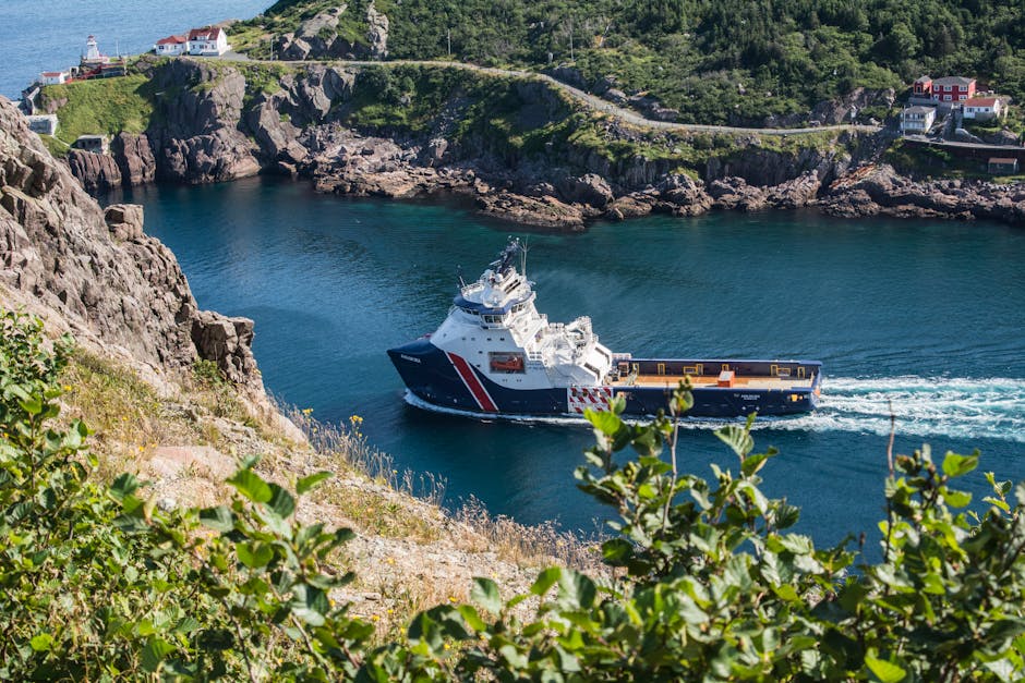 Aerial view of a cargo ship sailing through a picturesque coastal fjord with rugged cliffs and greenery.