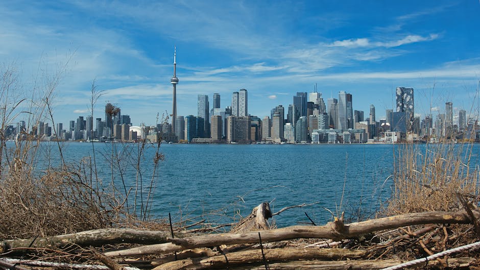 Stunning view of the Toronto skyline with the iconic CN Tower across the water on a clear day.