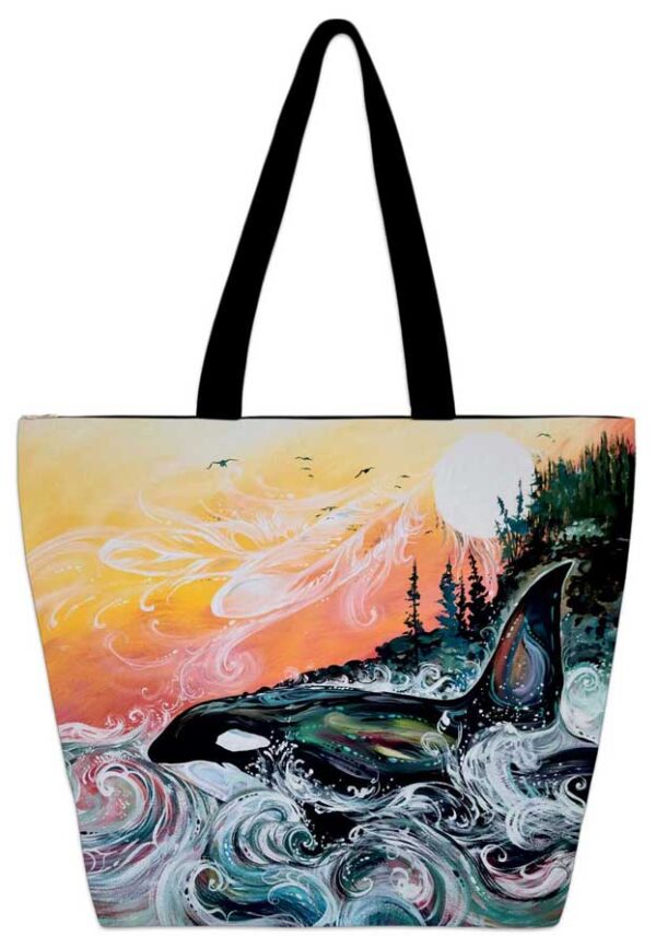 Tote bag featuring killer whale design in Indigenous art style by artist Carla Joseph