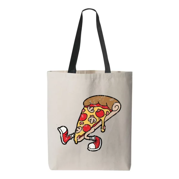 Natural canvas tote bag with black pizza graphic print