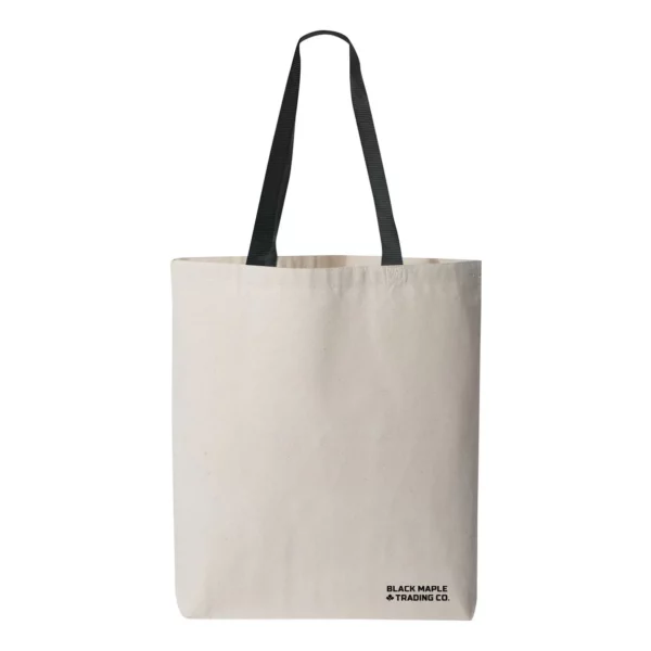 Back view of a natural canvas tote bag with black poutine graphic print