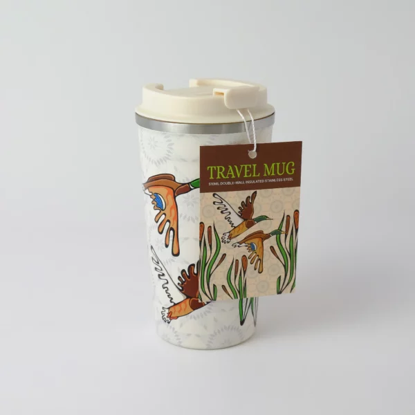 Travel mug featuring indigenous art design with mallard ducks by Storm Angeconeb